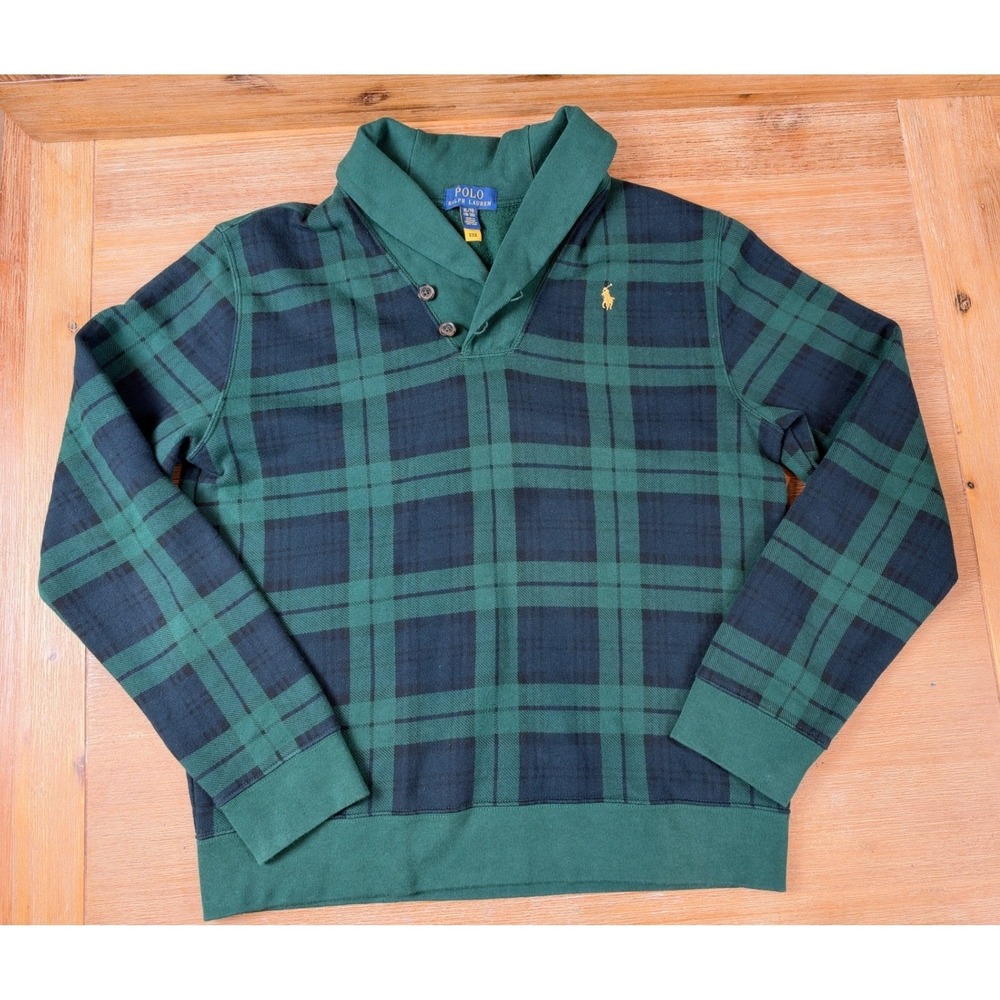 Polo Ralph Lauren Kids XL 18-20 Green Navy Blackwatch Plaid Shawl Sweatshirt
